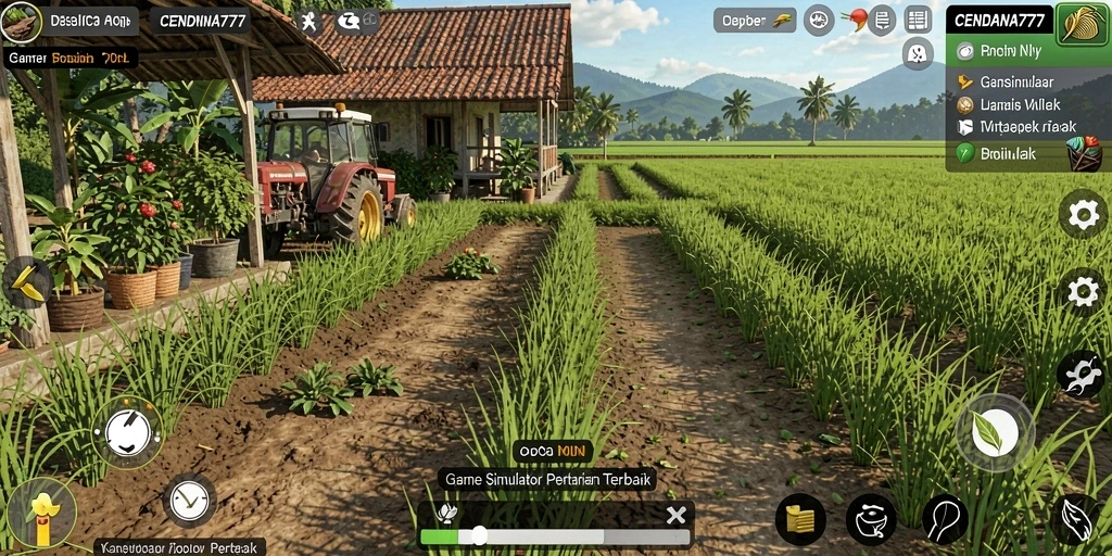 Tampilan gameplay CENDANA777 dengan ladang hijau dan tanaman yang subur.