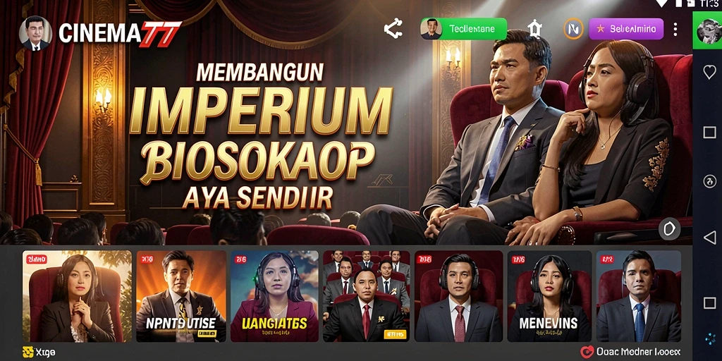 Screenshot utama CINEMA77 menunjukkan desain bioskop yang menarik dan gameplay Tycoon yang mendalam.