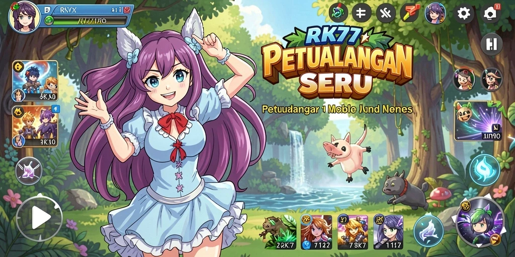Tampilan gameplay seru dari RK77 dengan karakter anime menawan.