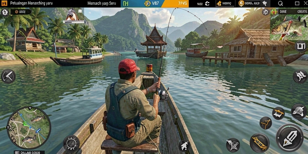 Tampilan gameplay V87 yang seru saat melakukan olahraga memancing.