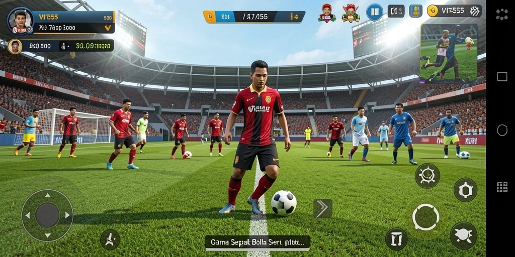 Screenshot gameplay VITA555 yang menampilkan aksi seru di lapangan sepak bola.